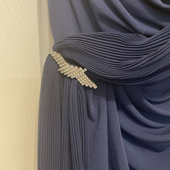 DAVID'S BRIDAL Blue one shoulder jersey dress with pleated cascade - Picture 5 of 7